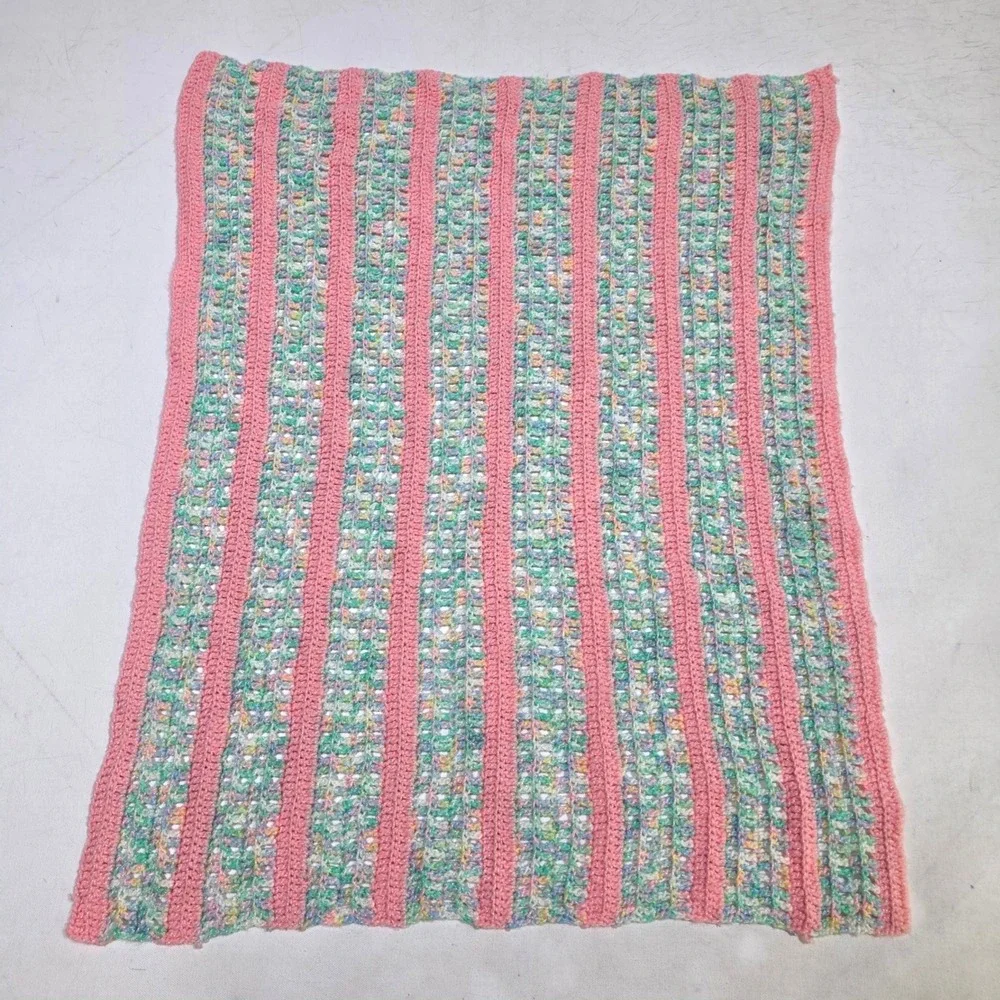 Unbranded Crochet Baby Blanket Unisex OS Pink Multicolor Striped Handmade Knit